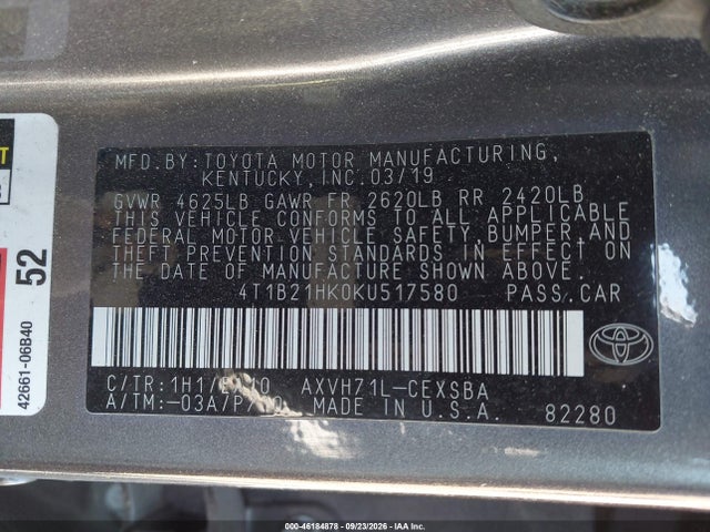 Aukcja sprzedaży 2019 Toyota Camry Hybrid Se, vin: 4T1B21HK0KU517580, numer aukcji: 46184878