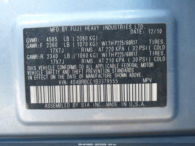 Aukcja sprzedaży 2011 Subaru Outback 2.5i Premium, vin: 4S4BRBCC1B3379555, numer aukcji: 46184893