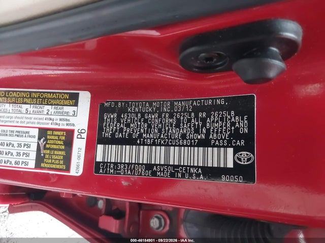 Aukcja sprzedaży 2012 Toyota Camry Le, vin: 4T1BF1FK7CU568017, numer aukcji: 46184901