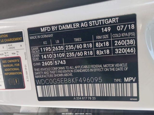 Aukcja sprzedaży 2019 Mercedes-benz Glc 350e 4matic, vin: WDC0G5EB8KF496095, numer aukcji: 46184912