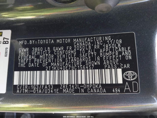 Aukcja sprzedaży 2009 Toyota Matrix, vin: 2T1KU40E79C156457, numer aukcji: 46184922