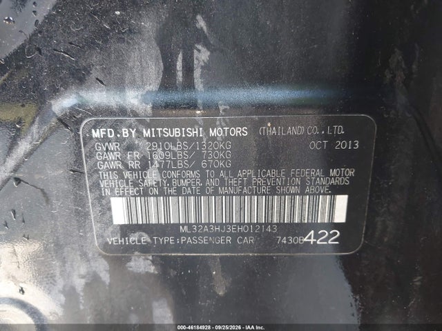 2014 Mitsubishi Mirage De მანქანა იყიდება აუქციონზე, vin: ML32A3HJ3EH012143, აუქციონის ნომერი: 46184928
