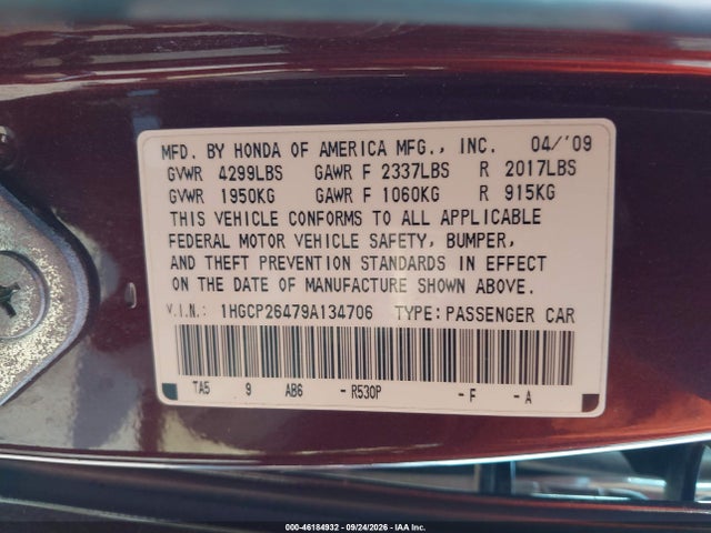 2009 Honda Accord 2.4 Lx-p მანქანა იყიდება აუქციონზე, vin: 1HGCP26479A134706, აუქციონის ნომერი: 46184932