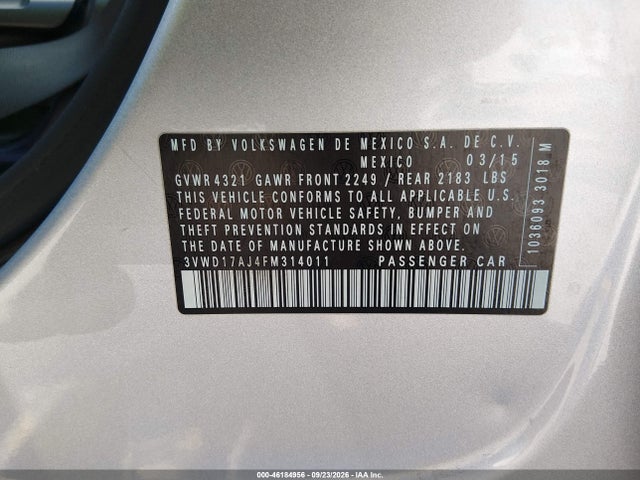 46184956 :رقم المزاد ، 3VWD17AJ4FM314011 vin ، 2015 Volkswagen Jetta 1.8t Se مزاد بيع