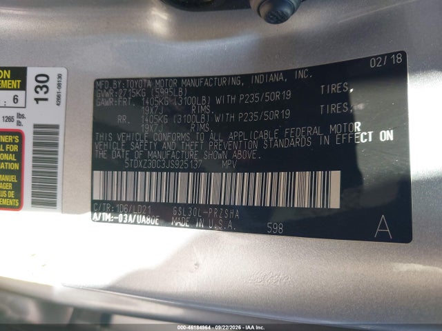 46184964 :رقم المزاد ، 5TDXZ3DC3JS925137 vin ، 2018 Toyota Sienna Se 8 Passenger مزاد بيع