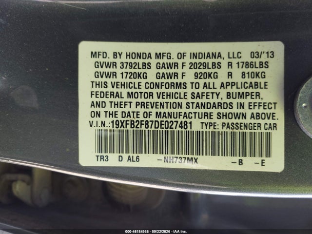 Aukcja sprzedaży 2013 Honda Civic Ex, vin: 19XFB2F87DE027481, numer aukcji: 46184966