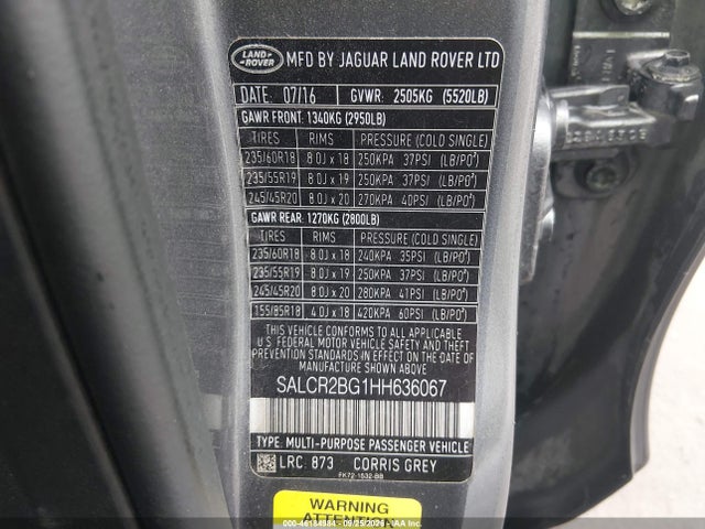 46184984 :رقم المزاد ، SALCR2BG1HH636067 vin ، 2017 Land Rover Discovery Sport Hse مزاد بيع