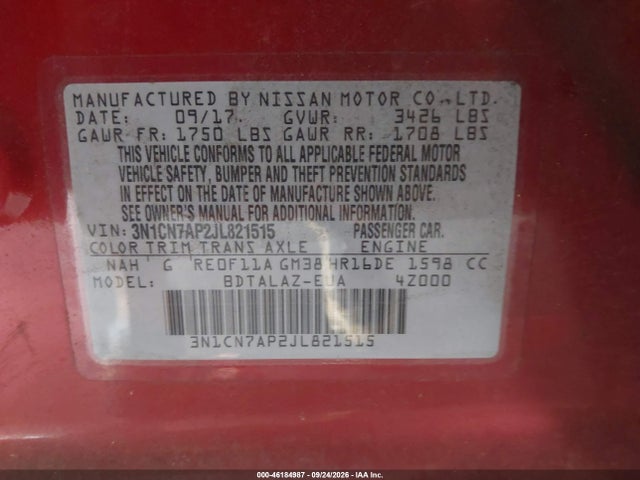 Продаж на аукціоні авто 2018 Nissan Versa 1.6 S+, vin: 3N1CN7AP2JL821515, номер лоту: 46184987
