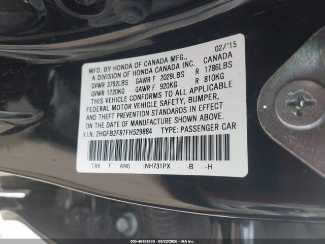 Продаж на аукціоні авто 2015 Honda Civic Ex, vin: 2HGFB2F87FH529884, номер лоту: 46184999