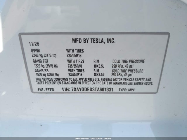 Aukcja sprzedaży 2026 Tesla Modelo Y, vin: 7SAYGDED3TA601331, numer aukcji: 46185003