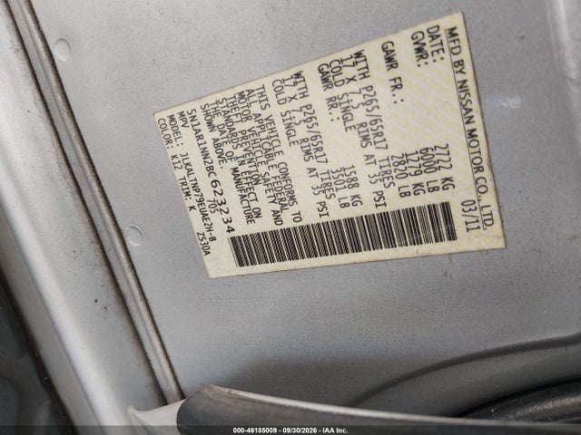 46185009 :رقم المزاد ، 5N1AR1NN2BC623234 vin ، 2011 Nissan Pathfinder Silver مزاد بيع