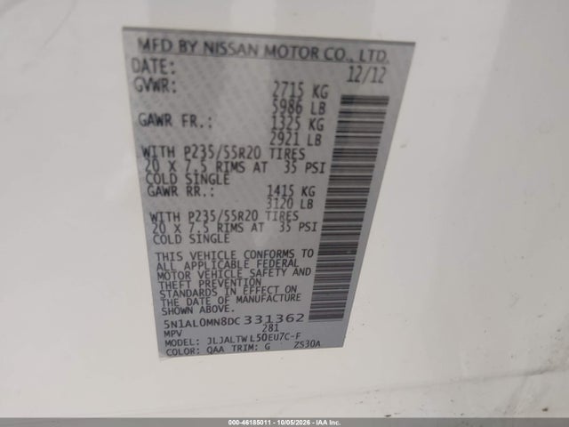 Продажа на аукционе авто 2013 Infiniti Jx35, vin: 5N1AL0MN8DC331362, номер лота: 46185011