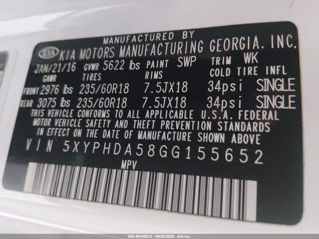 46185012 :رقم المزاد ، 5XYPHDA58GG155652 vin ، 2016 Kia Sorento 3.3l Ex مزاد بيع