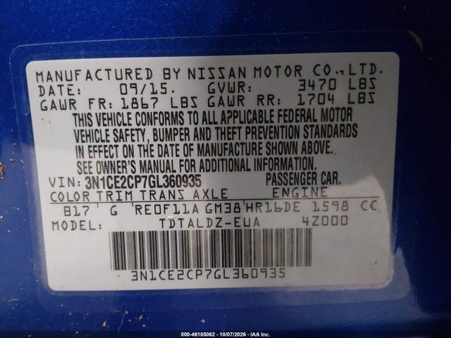 46185062 :رقم المزاد ، 3N1CE2CP7GL360935 vin ، 2016 Nissan Versa Note S (sr)/s Plus/sl/sr/sv مزاد بيع