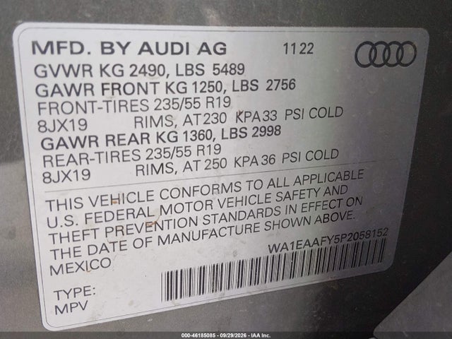 Продаж на аукціоні авто 2023 Audi Q5 Premium Plus 45 Tfsi S Line Quattro, vin: WA1EAAFY5P2058152, номер лоту: 46185085