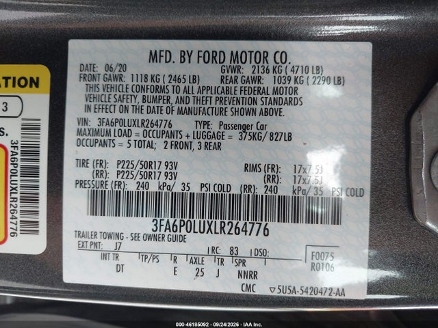 Продажа на аукционе авто 2020 Ford Fusion Hybrid Se, vin: 3FA6P0LUXLR264776, номер лота: 46185092