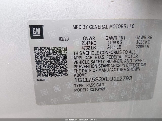 Продаж на аукціоні авто 2020 Chevrolet Impala Fwd Lt, vin: 1G11Z5S3XLU112793, номер лоту: 46185094