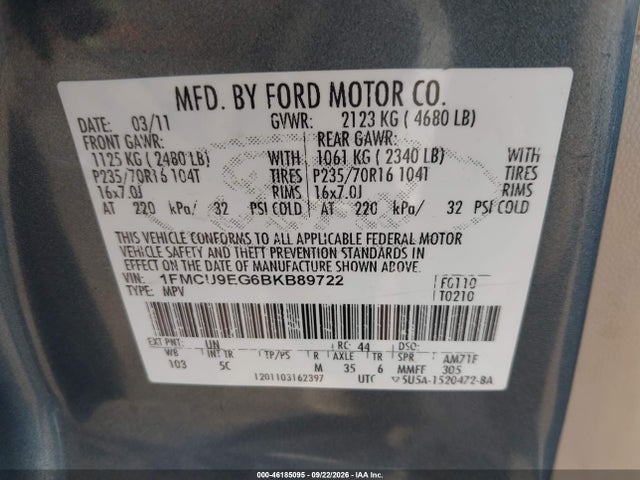 Продажа на аукционе авто 2011 Ford Escape Limited, vin: 1FMCU9EG6BKB89722, номер лота: 46185095