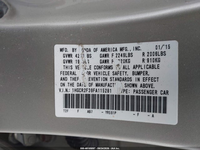 Aukcja sprzedaży 2015 Honda Accord Lx, vin: 1HGCR2F39FA115281, numer aukcji: 46185097