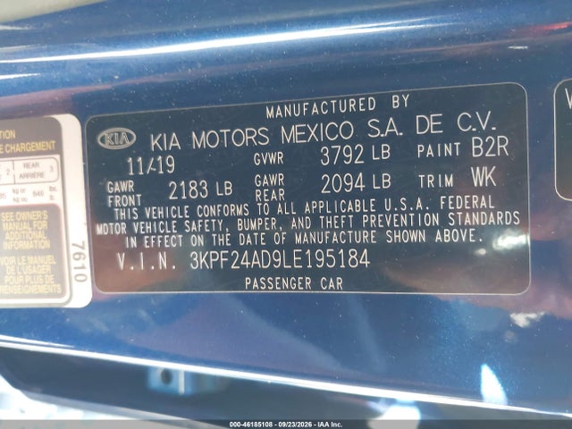 2020 Kia Forte Lxs მანქანა იყიდება აუქციონზე, vin: 3KPF24AD9LE195184, აუქციონის ნომერი: 46185108