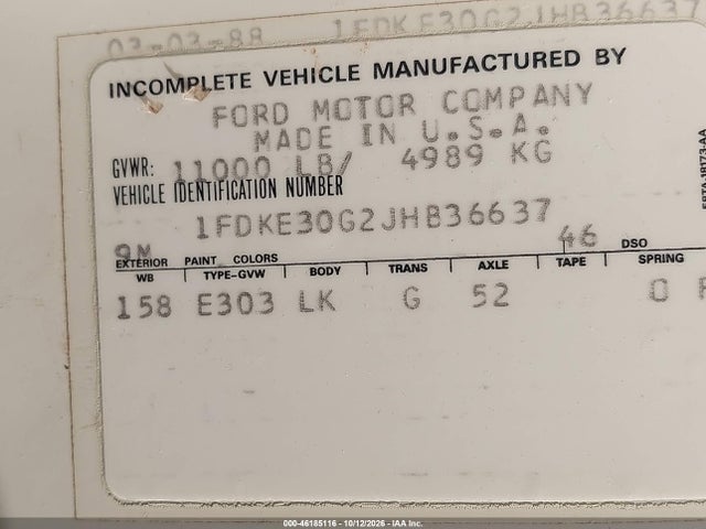 Продаж на аукціоні авто 1988 Ford Econoline E350 Cutaway Van, vin: 1FDKE30G2JHB36637, номер лоту: 46185116