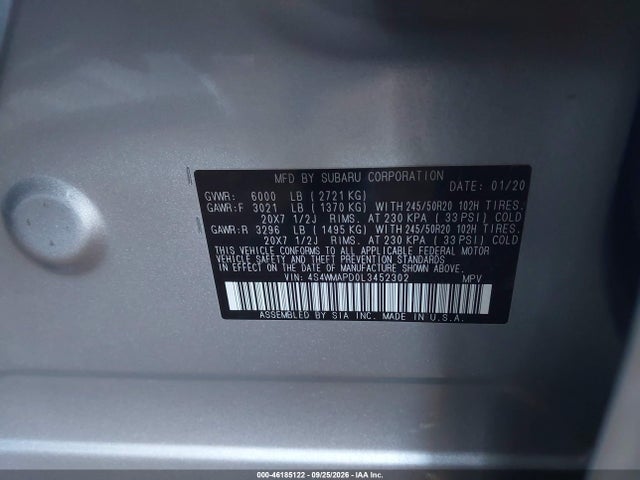 Продажа на аукционе авто 2020 Subaru Ascent Limited, vin: 4S4WMAPD0L3452302, номер лота: 46185122