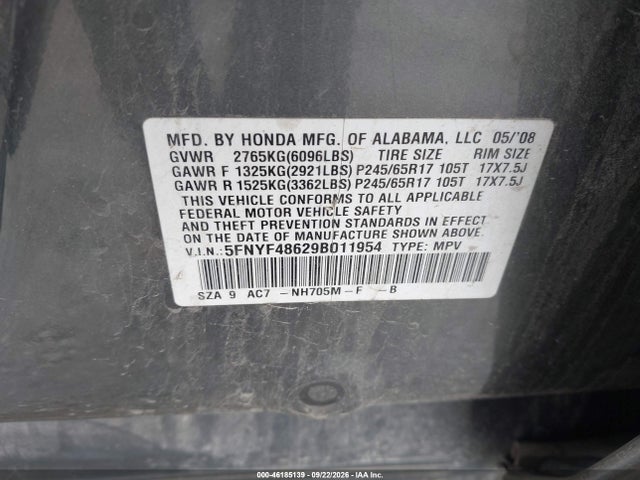 Продаж на аукціоні авто 2009 Honda Pilot Ex-l, vin: 5FNYF48629B011954, номер лоту: 46185139