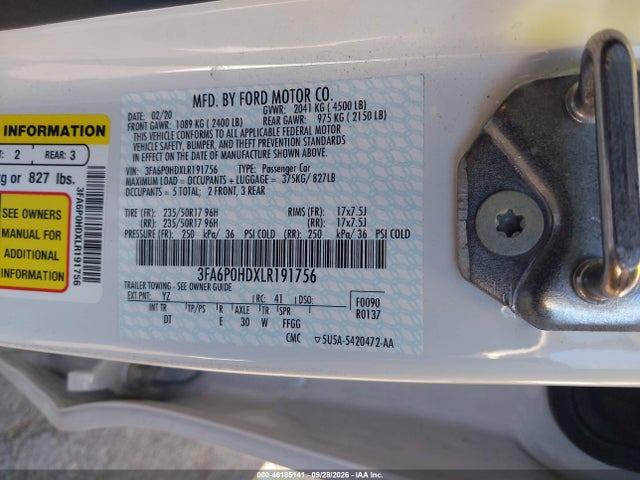 Продажа на аукционе авто 2020 Ford Fusion Se, vin: 3FA6P0HDXLR191756, номер лота: 46185141