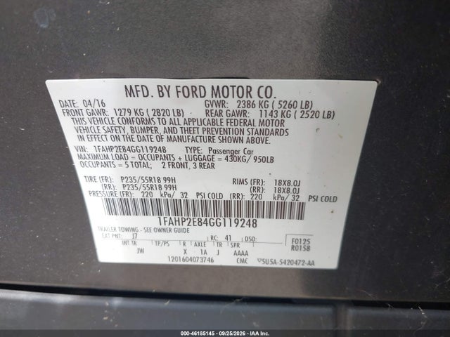 46185145 :رقم المزاد ، 1FAHP2E84GG119248 vin ، 2016 Ford Taurus Sel مزاد بيع