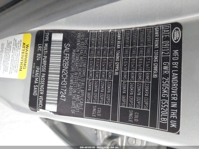 Aukcja sprzedaży 2012 Land Rover Lr2, vin: SALFR2BN2CH317247, numer aukcji: 46185159