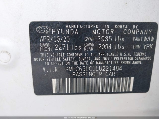 Auction sale of the 2020 Hyundai Ioniq Hybrid Blue, vin: KMHC65LC1LU221484, lot number: 46185173