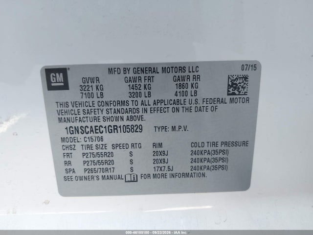 46185180 :رقم المزاد ، 1GNSCAEC1GR105829 vin ، 2016 Chevrolet Tahoe Ls مزاد بيع