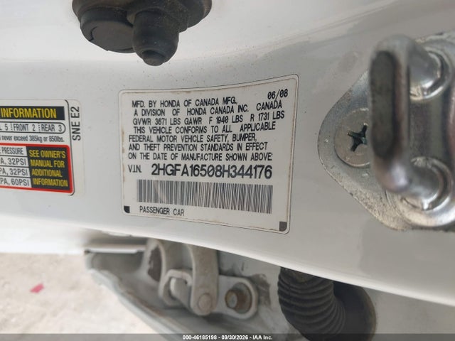 46185198 :رقم المزاد ، 2HGFA16508H344176 vin ، 2008 Honda Civic Lx مزاد بيع