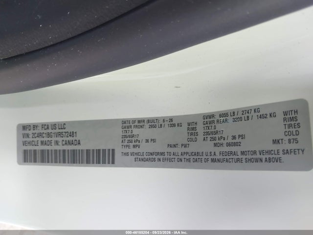 46185204 :رقم المزاد ، 2C4RC1BG1VR572481 vin ، 2027 Chrysler Pacifica مزاد بيع