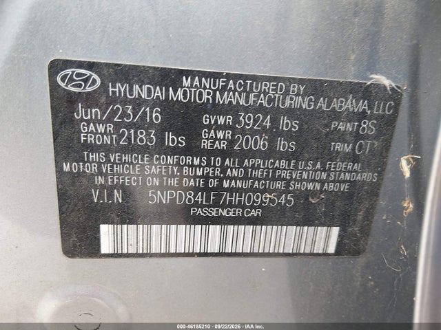 Aukcja sprzedaży 2017 Hyundai Elantra Limited, vin: 5NPD84LF7HH099545, numer aukcji: 46185210