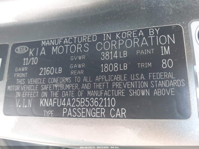 46185216 :رقم المزاد ، KNAFU4A25B5362110 vin ، 2011 Kia Forte Ex مزاد بيع