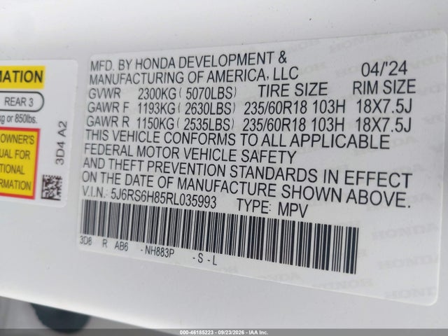2024 Honda Cr-v Hybrid Sport-l მანქანა იყიდება აუქციონზე, vin: 5J6RS6H85RL035993, აუქციონის ნომერი: 46185223