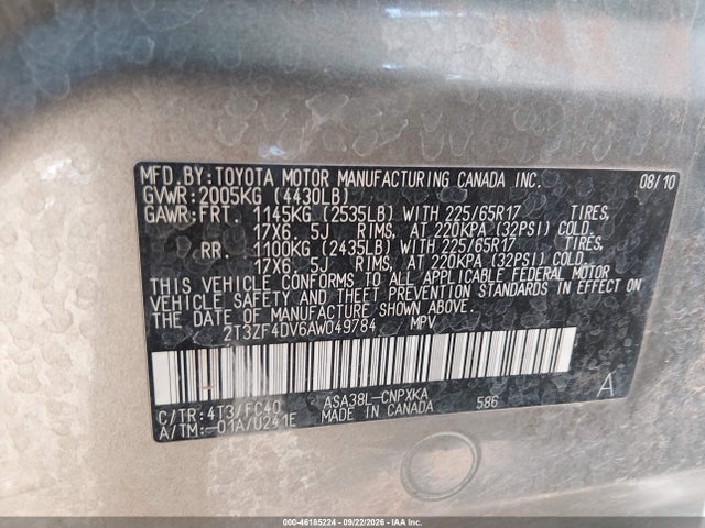 46185224 :رقم المزاد ، 2T3ZF4DV6AW049784 vin ، 2010 Toyota Rav4 مزاد بيع