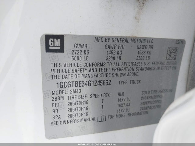 Aukcja sprzedaży 2016 Chevrolet Colorado Wt, vin: 1GCGTBE34G1245652, numer aukcji: 46185227