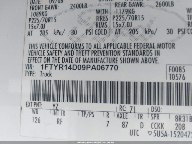 46185240 :رقم المزاد ، 1FTYR14D09PA06770 vin ، 2009 Ford Ranger Xl/xlt مزاد بيع