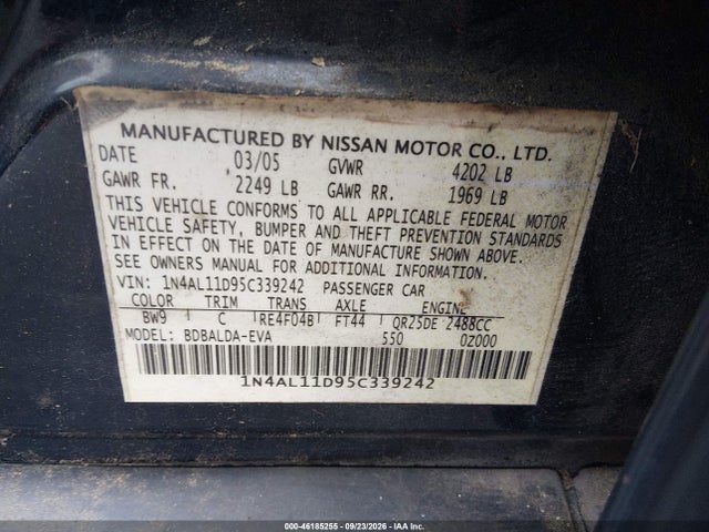Aukcja sprzedaży 2005 Nissan Altima 2.5 S, vin: 1N4AL11D95C339242, numer aukcji: 46185255