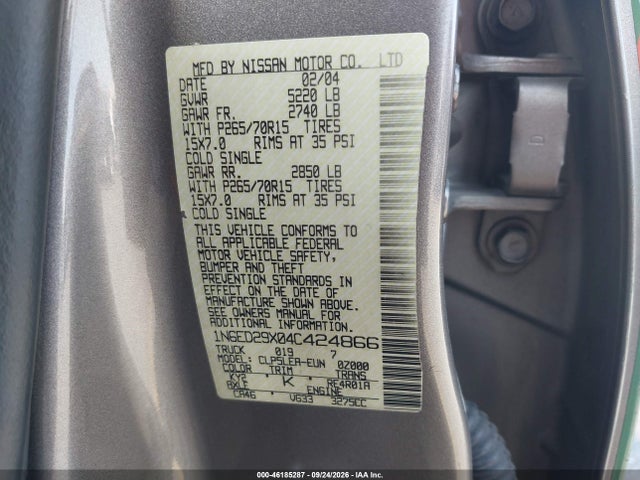 Aukcja sprzedaży 2004 Nissan Frontier Xe-v6, vin: 1N6ED29X04C424866, numer aukcji: 46185287