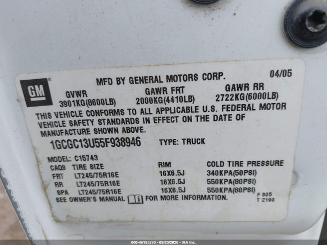 46185290 :رقم المزاد ، 1GCGC13U55F938946 vin ، 2005 Chevrolet Silverado 1500hd Ls مزاد بيع
