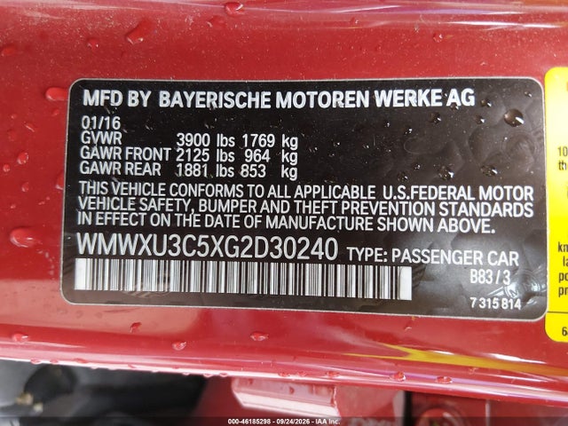 Aukcja sprzedaży 2016 Mini Hardtop Cooper S, vin: WMWXU3C5XG2D30240, numer aukcji: 46185298