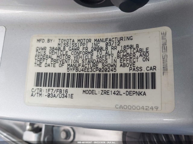 2012 Toyota Corolla Le მანქანა იყიდება აუქციონზე, vin: 5YFBU4EE3CP020245, აუქციონის ნომერი: 46185307