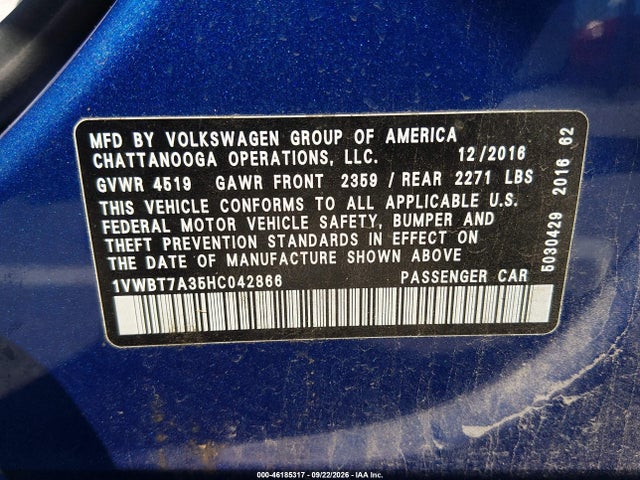 Продажа на аукционе авто 2017 Volkswagen Passat 1.8t Se, vin: 1VWBT7A35HC042866, номер лота: 46185317