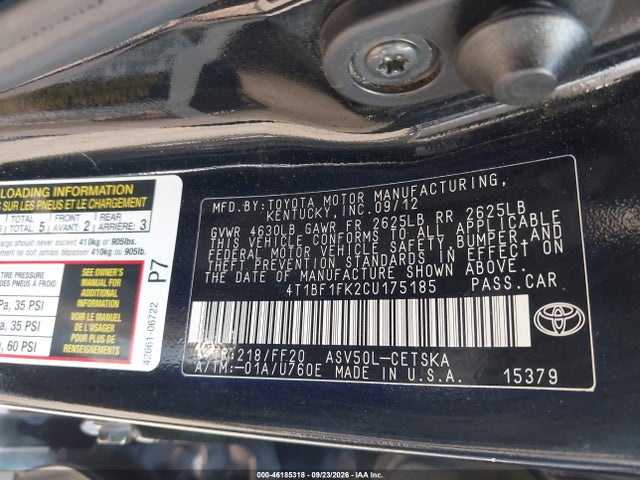 Aukcja sprzedaży 2012 Toyota Camry Se, vin: 4T1BF1FK2CU175185, numer aukcji: 46185318
