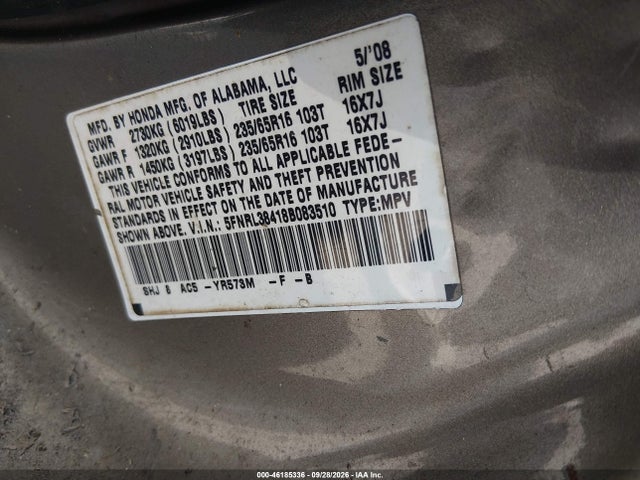 Продаж на аукціоні авто 2008 Honda Odyssey Ex, vin: 5FNRL38418B083510, номер лоту: 46185336