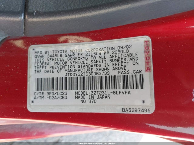 2003 Toyota Celica Gts მანქანა იყიდება აუქციონზე, vin: JTDDY32T630063739, აუქციონის ნომერი: 46185340