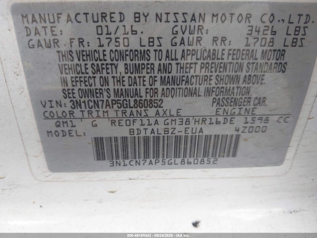46185342 :رقم المزاد ، 3N1CN7AP5GL860852 vin ، 2016 Nissan Versa 1.6 S/1.6 S+/1.6 Sl/1.6 Sv مزاد بيع